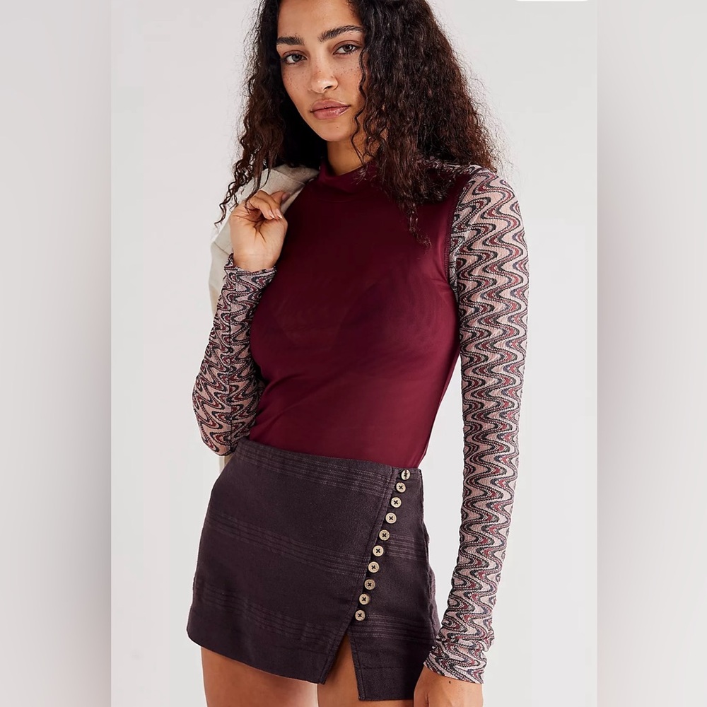 Free People Shear Burgundy Long Sleeve Top with Patterned Sleeves Size Large